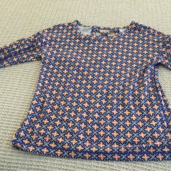 Talbots Blue Pink Print Top 3/4 Sleeve Open Back Lattice size M - Picture 4 of 6